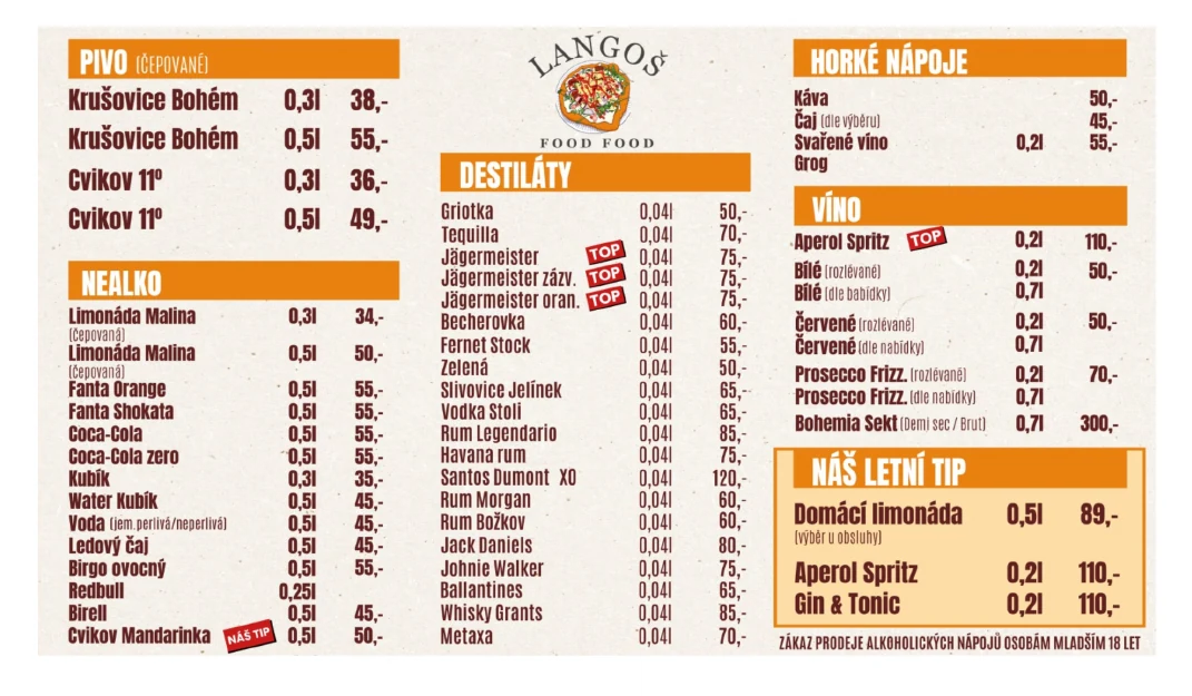 Nápojový lístek – pivo, nealko, destiláty, víno, horké nápoje